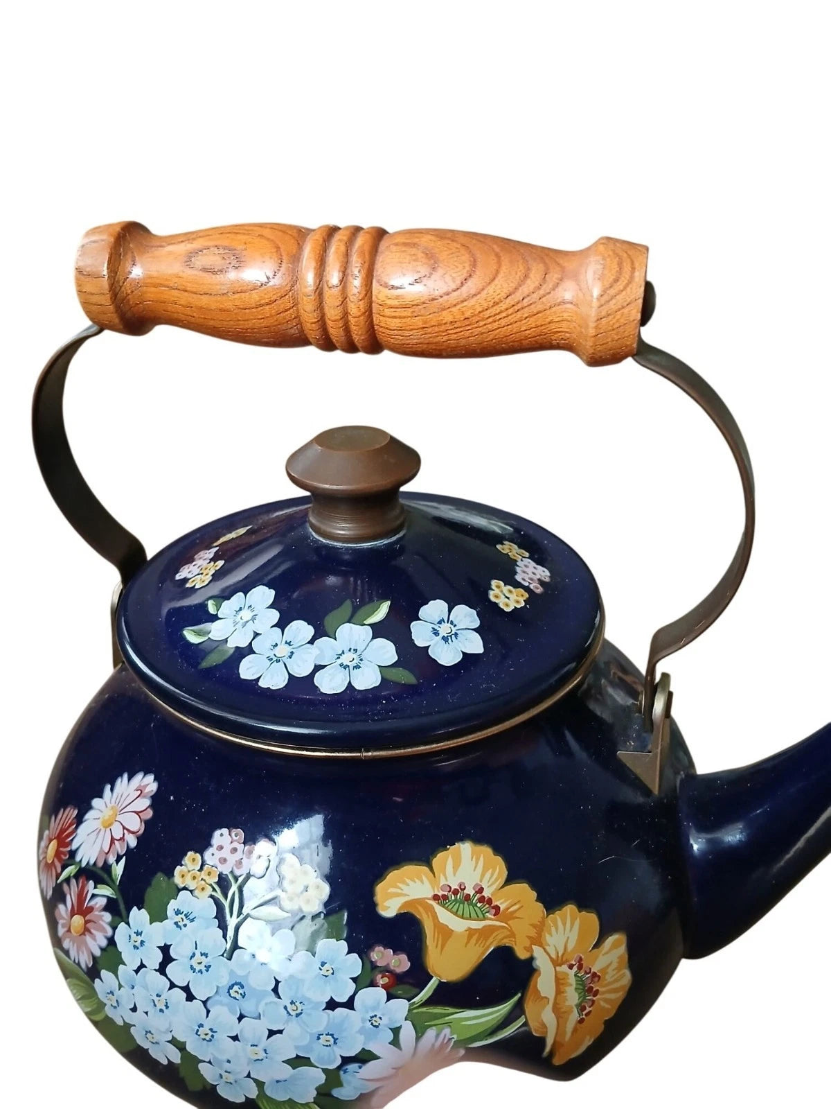 Vintage 80s Flower Garden Navy Blue Enamel Teapot Wooden Handle Cottage Kitchen | eBay