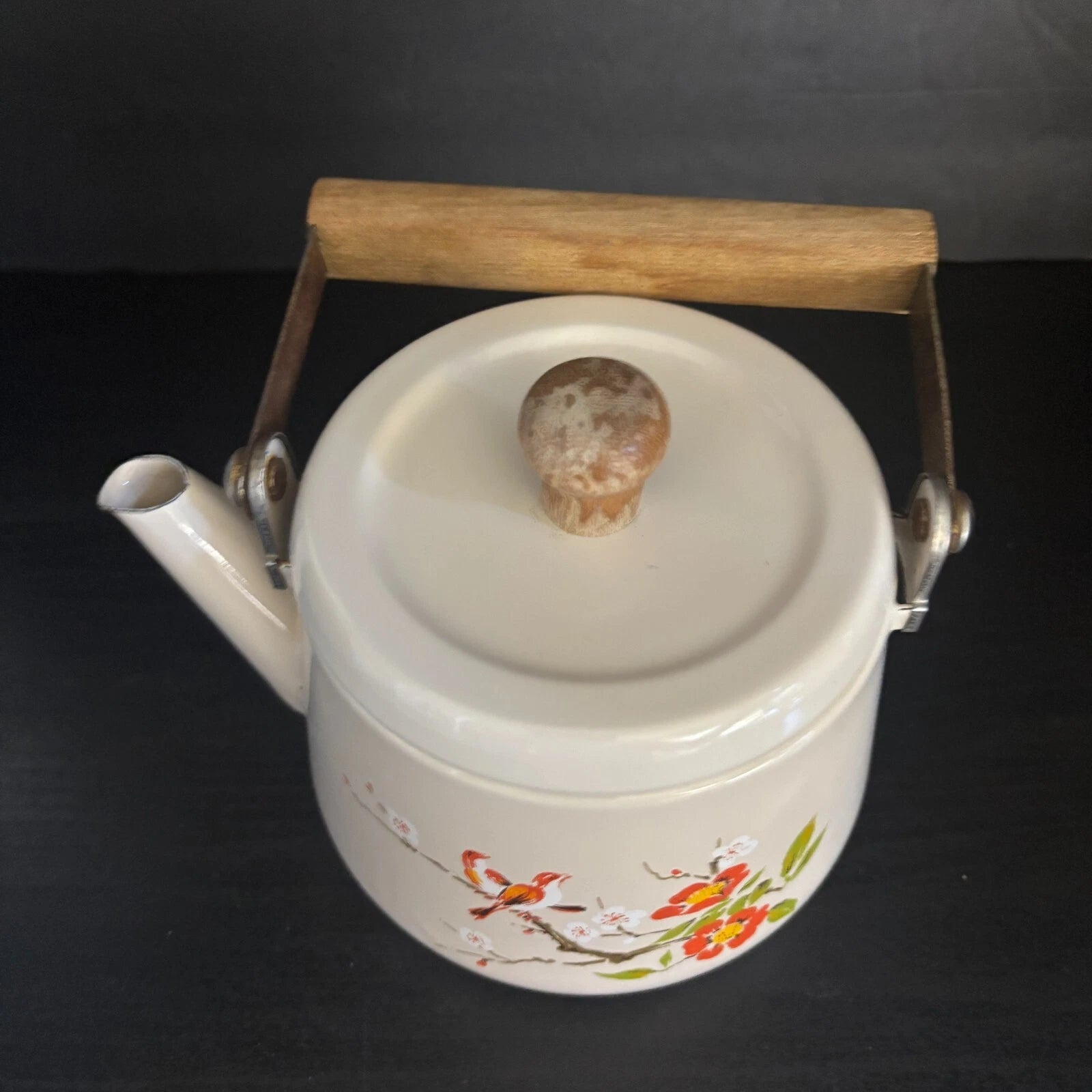 Vintage Enamel Tea Pot Kettle 5 Cup Birds Orange Floral Wood Handle & Knob | eBay