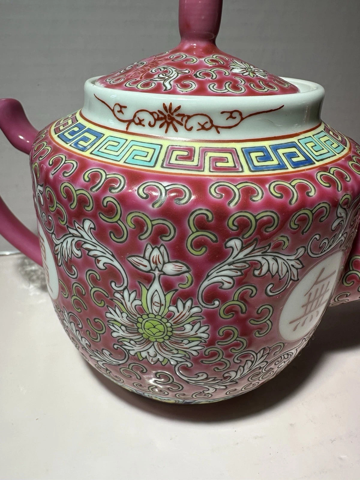 Red Famille Rose HP Enamel Porcelain 6” Chinese Longevity Mun Shou Teapot VTG | eBay