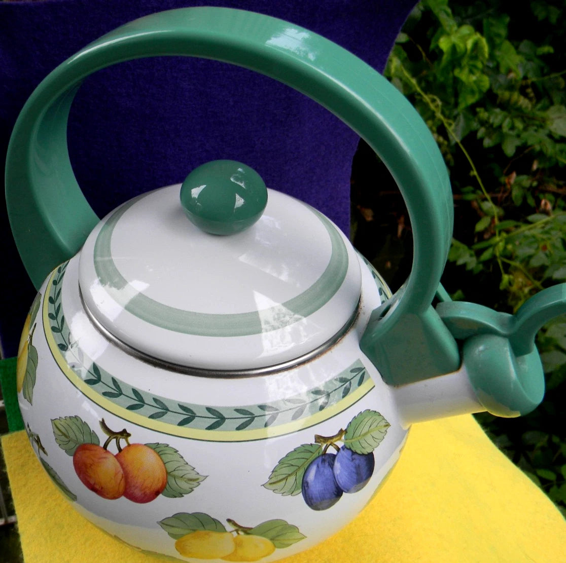 NM Villeroy & Boch Enamel Coated Teapot w/ Green Arch Handle Summer Fruit 1.5 Qt | eBay