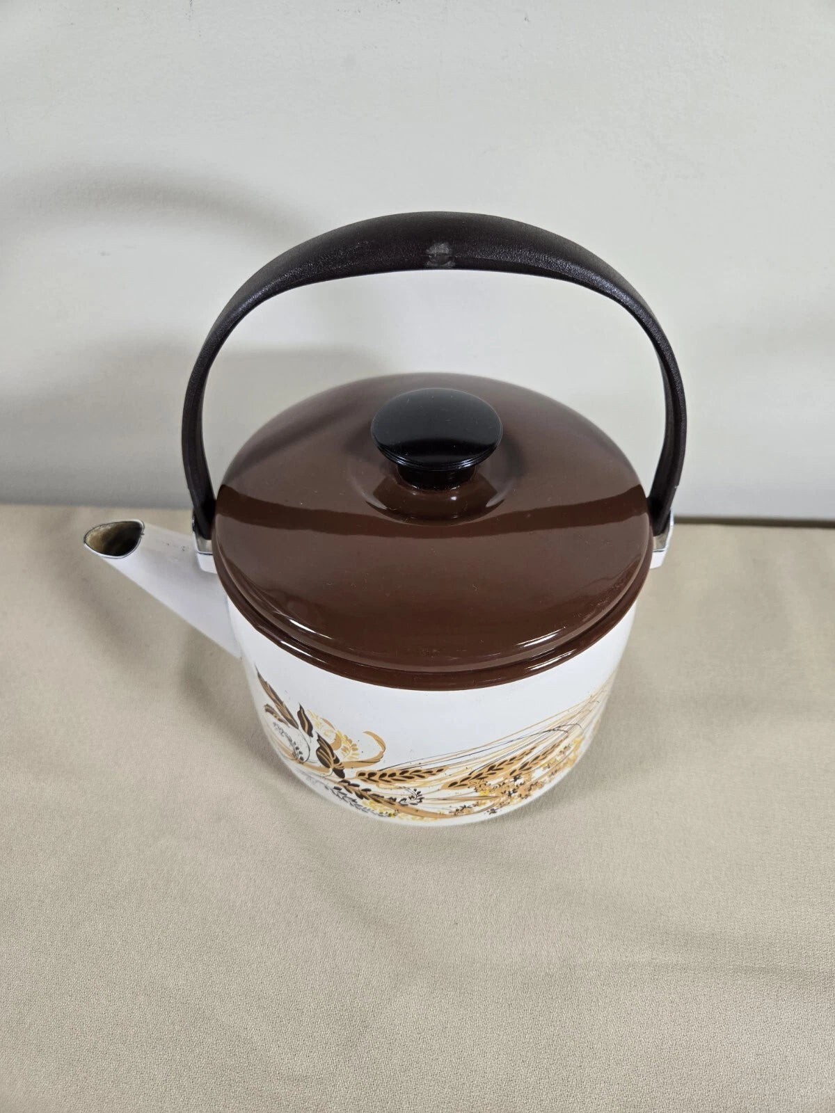 Vtg Retro Enamel Tea Pot Harvest Wheat Wood Handle In Used Condition | eBay