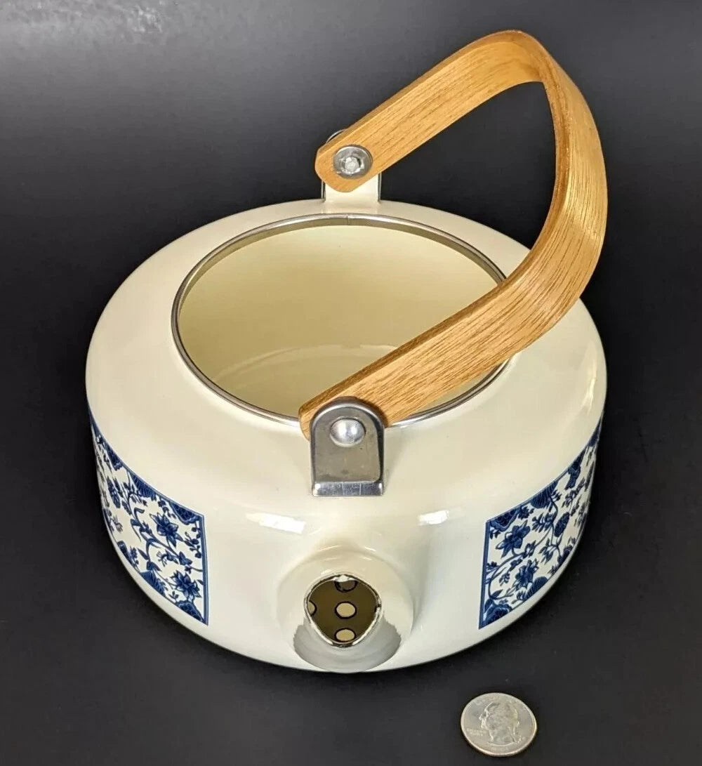 Charming White Enamel Ware Blue Flowers 9” w Spout Teapot Beautiful Excellent | eBay