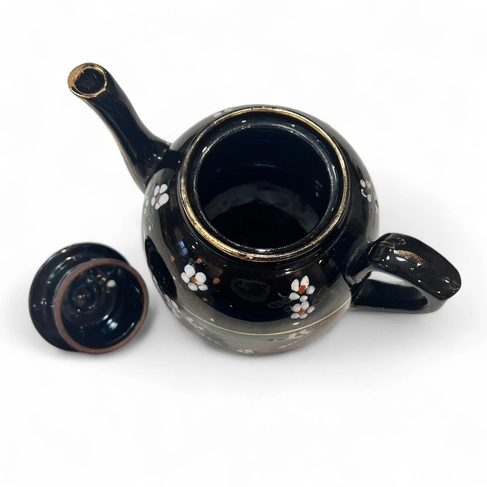 Vintage Black Glazed Teapot with Hand Painted Enamel Flowers & Gold Trim c1930s | eBay
