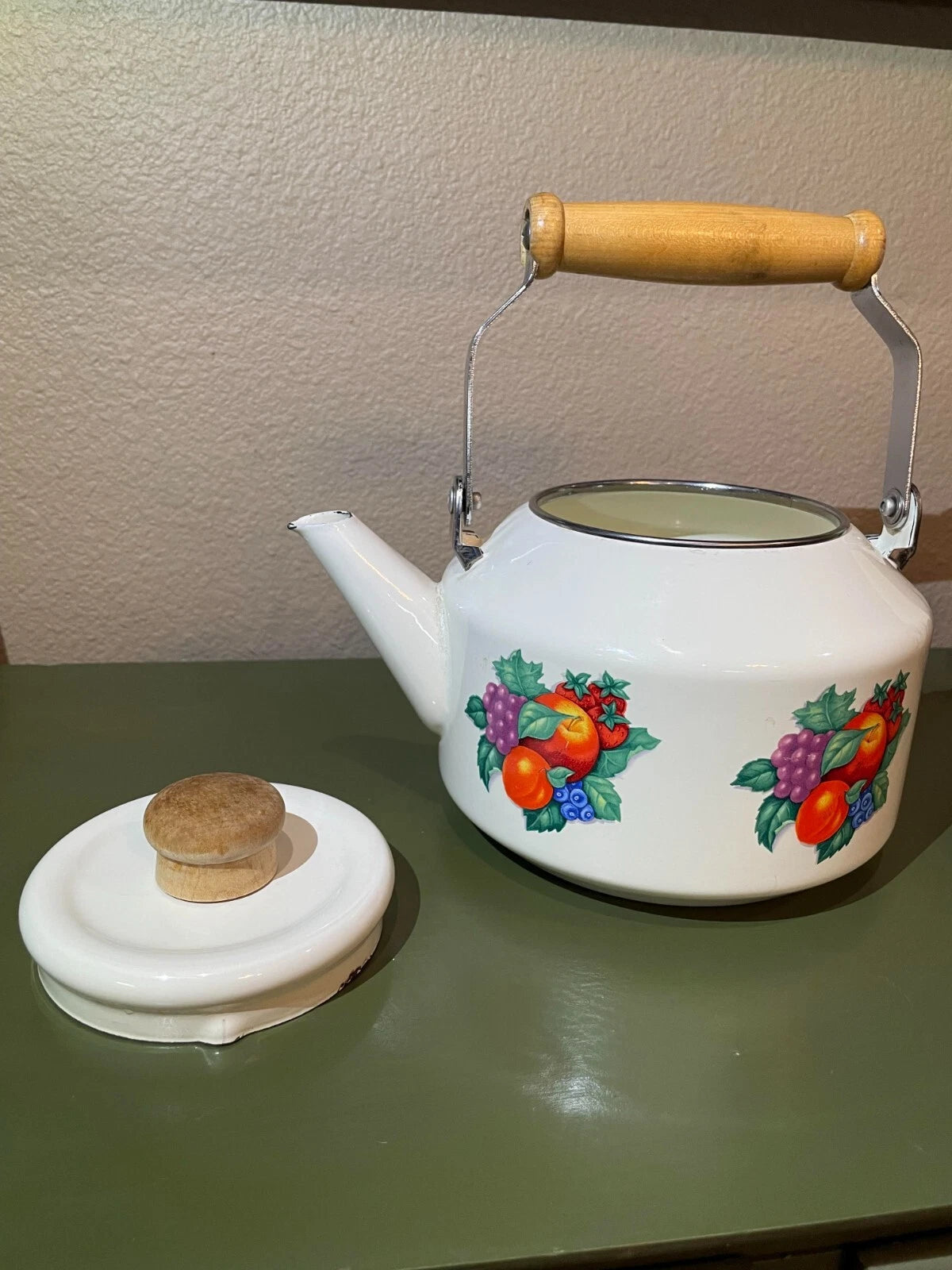 Vintage Old Enamel Porcelain Fruit Harvest Wood Handle Teapot Kettle | eBay