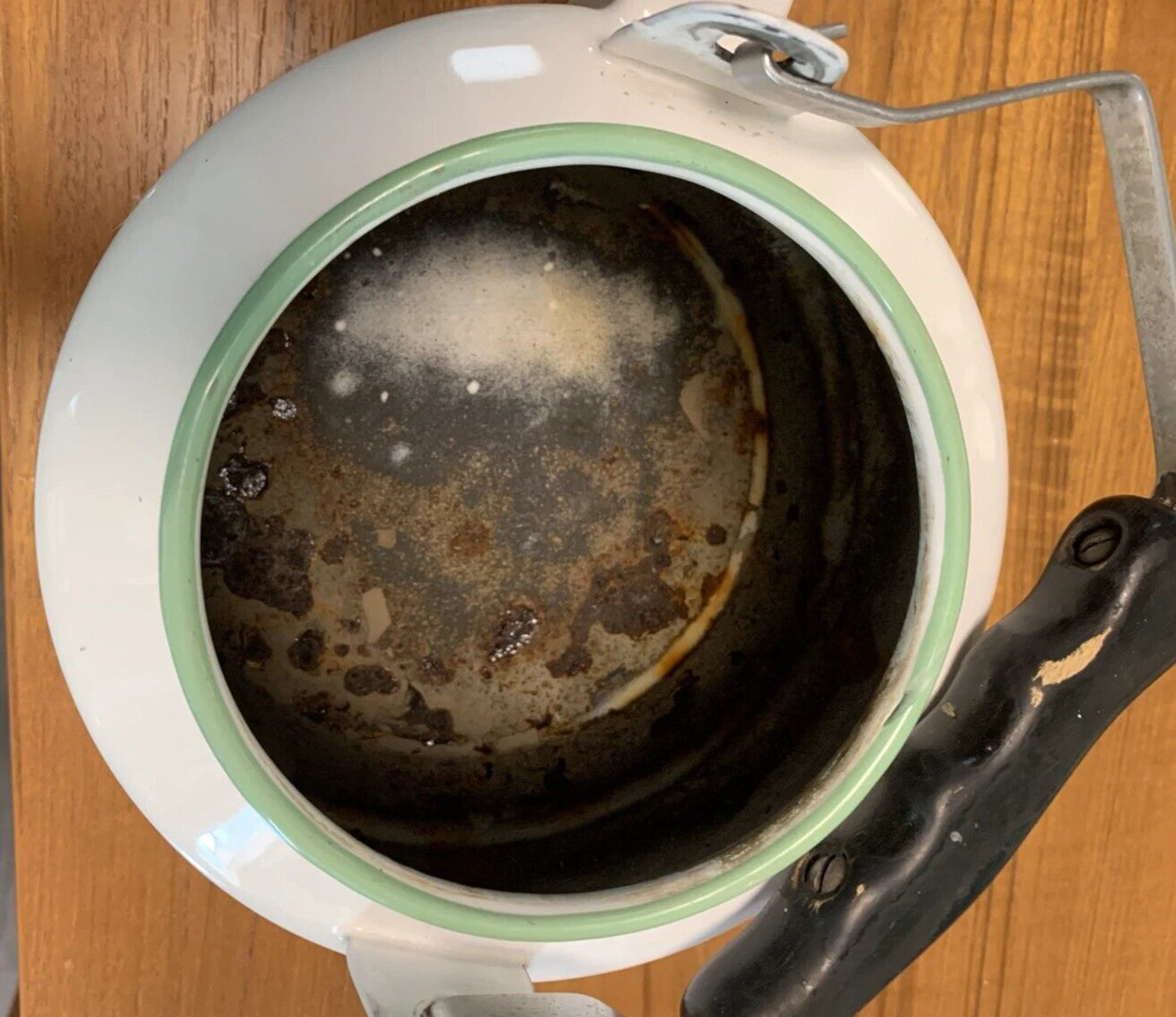 Vintage White Enamelware Tea Kettle Teapot Green Trim Farmhouse Cottage Core | eBay