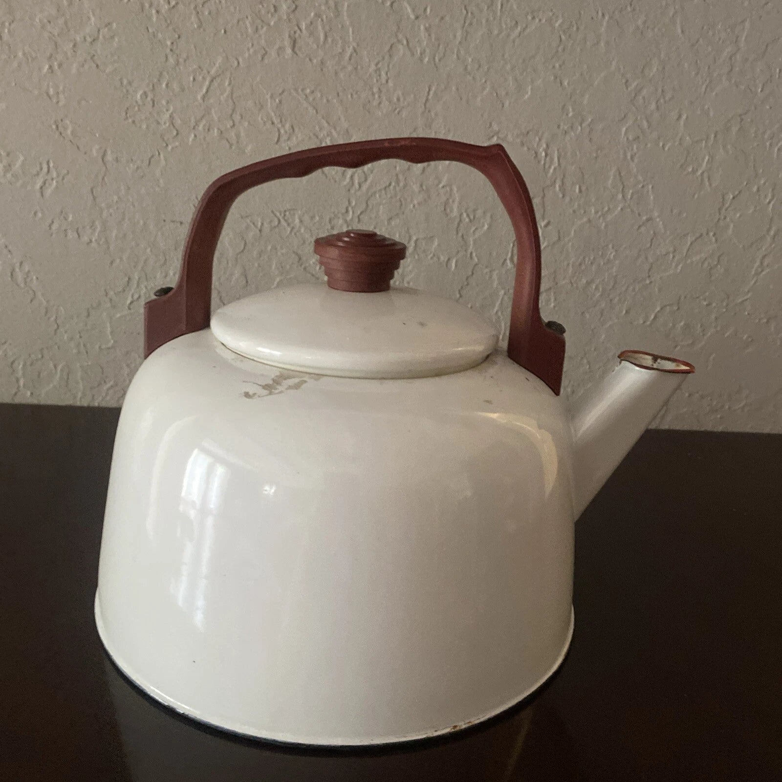 Vintage Antique 1920’s Enamel Tea Pot White Red & Brown Trim Very Good Condition | eBay