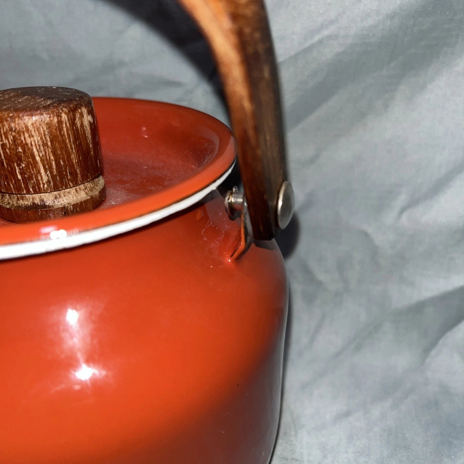 Vintage 4-Cup Enamel Tea Kettle Teapot - Red w/ Wood Handle & Lid - Retro Charm | eBay