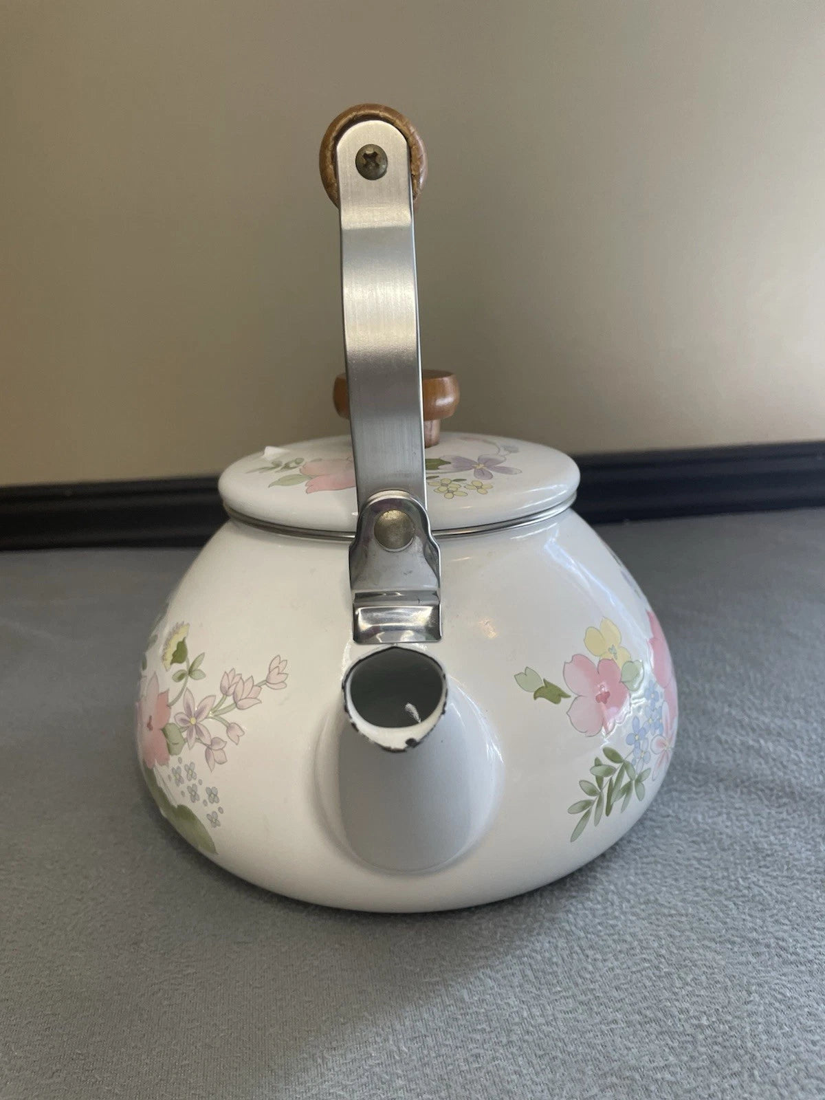Vintage Enamel Teapot Floral pastel design w/ wood handle vintage farmhouse MCM | eBay
