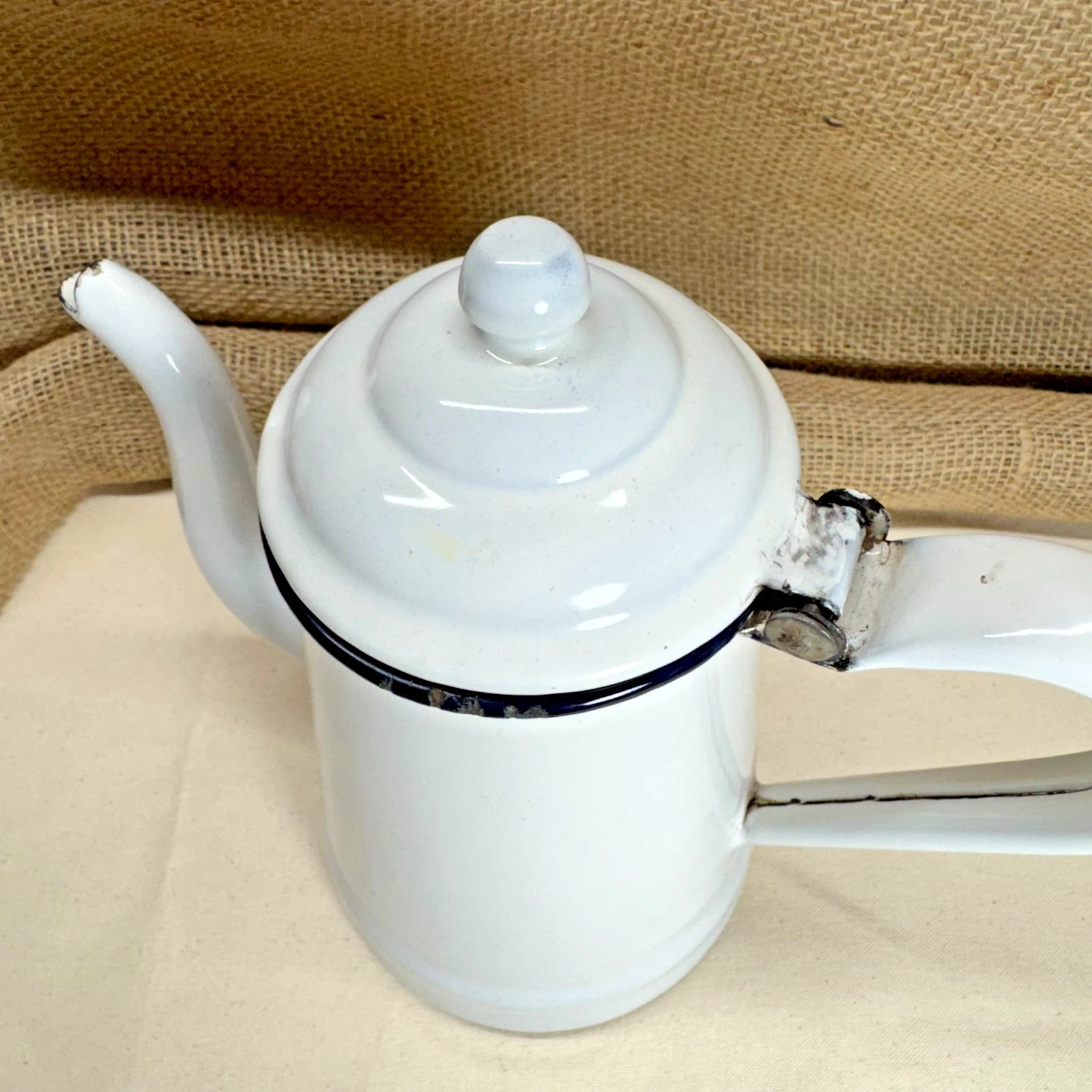 Vintage Enamel Coffee Tea Pot w Goose Neck Spout White w Blue Rim | eBay
