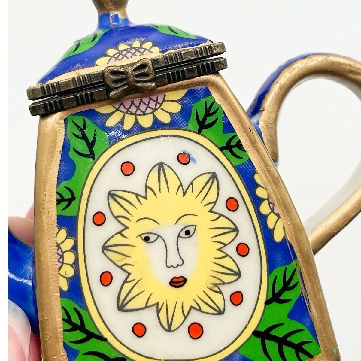 Miniature Blue Enamel Teapot Yellow Sun Face with Sunflower Charm Porcelain 3.5” | eBay
