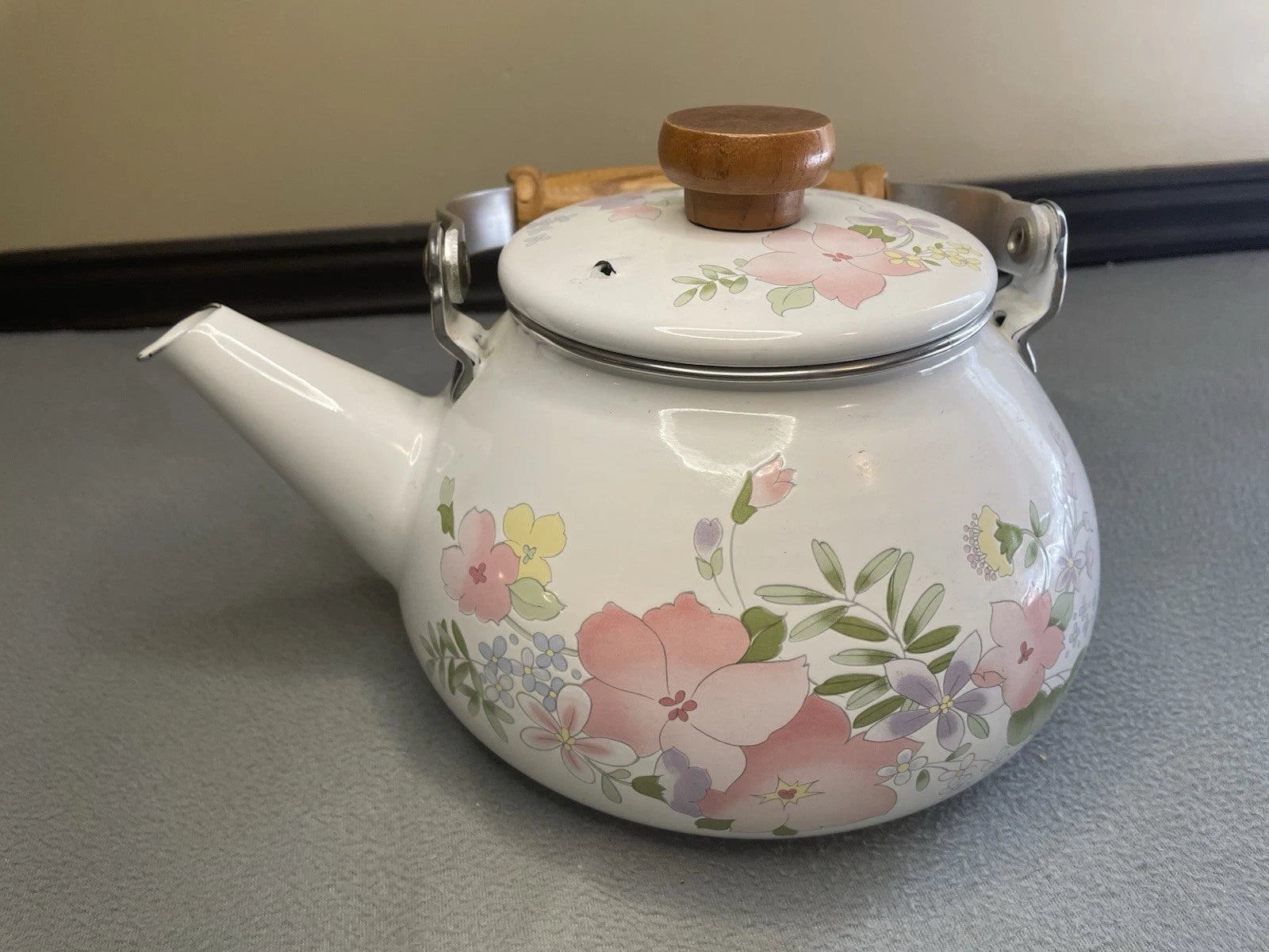 Vintage Enamel Teapot Floral pastel design w/ wood handle vintage farmhouse MCM | eBay