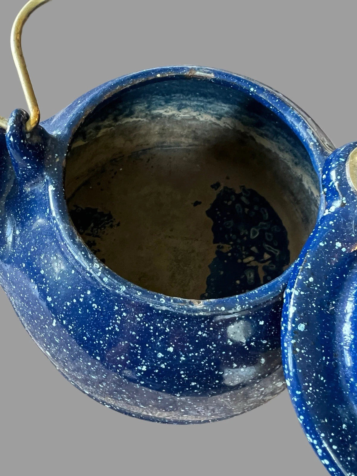 Vintage Cast Iron Teapot with Swivel Lid Blue White Speckle Enamel Camping Cook | eBay