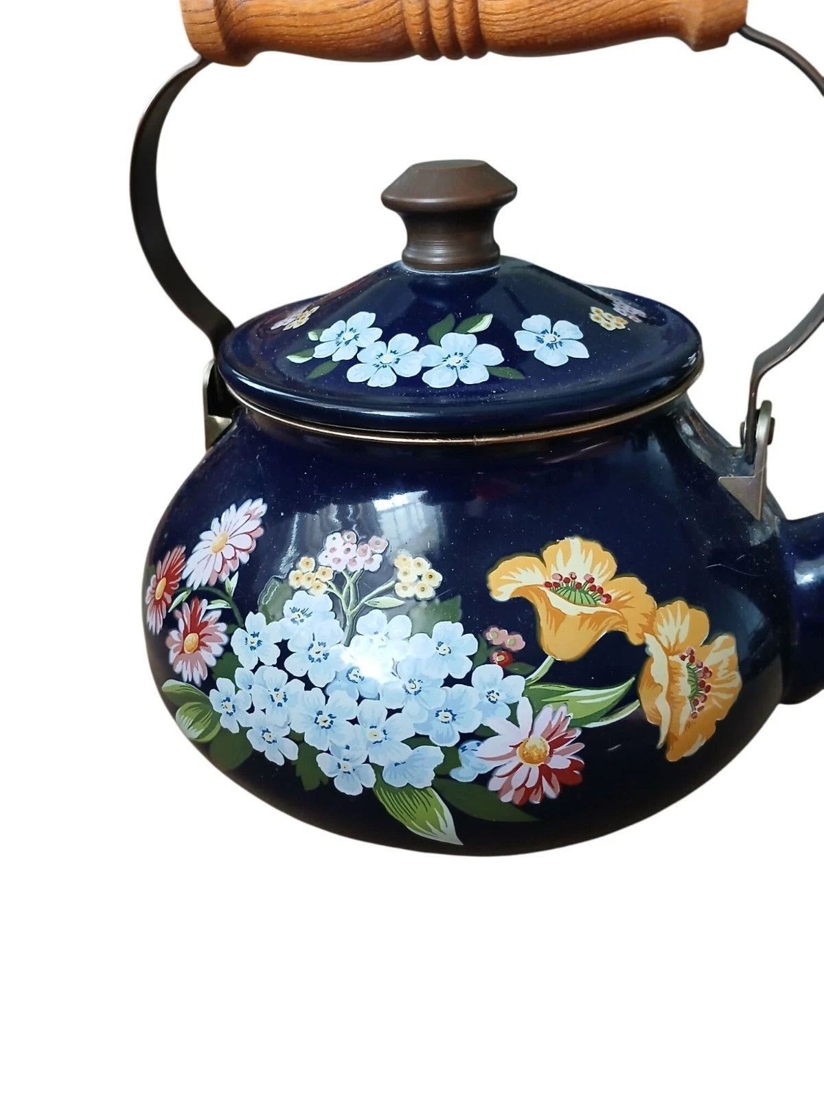 Vintage 80s Flower Garden Navy Blue Enamel Teapot Wooden Handle Cottage Kitchen | eBay