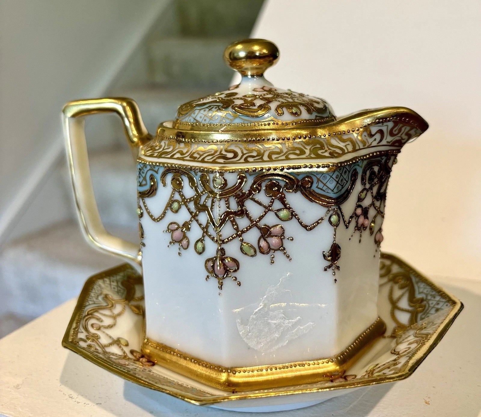Esquisite NIPPON MORIAGE TEAPOT & UNDERPLATE GOLD ENAMEL - BEADING | eBay