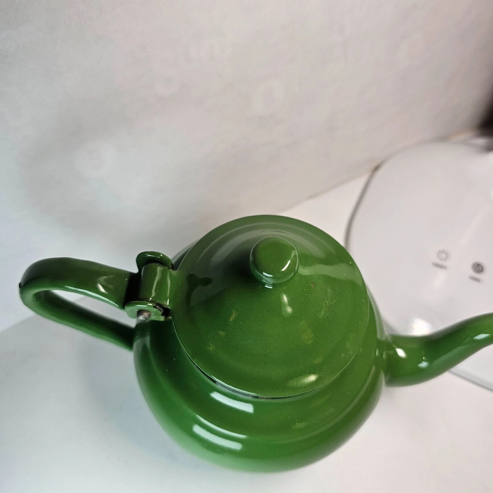 SMALL GREEN ENAMEL TEAPOT PITCHER POT PORCELAIN METAL w/ LID WHITE BLACK ANTIQUE | eBay