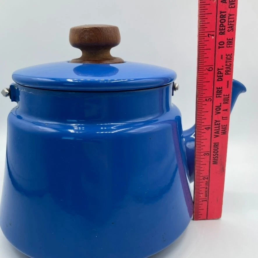 Vintage Dansk Kobenstyle Cobalt Blue Enamel Teapot Wooden Handle MCM Decor READ | eBay