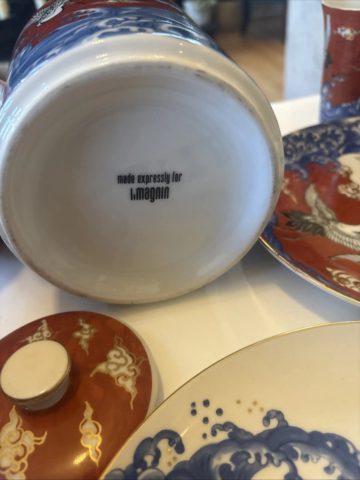 L Magnin Japan High Bridge Cranes Waves Teapot 2 Cups 4 Plates Enamel porcelain | eBay