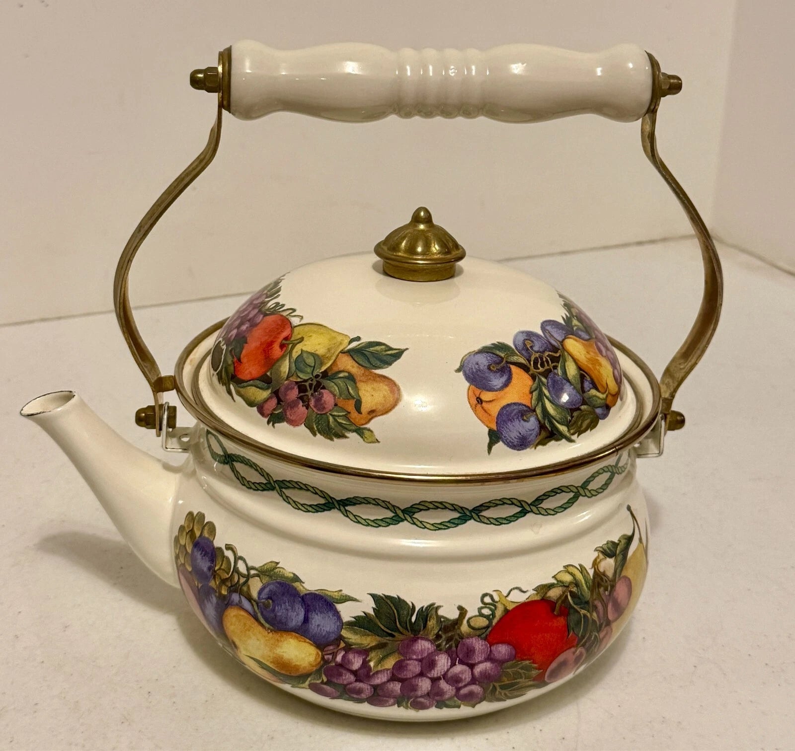 Lincoware Enamel Orchard Royal 8 CUP Teapot Kettle w/handle and brass top | eBay