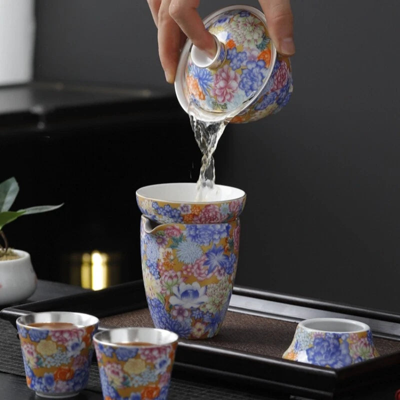 Enamel Craft Complete Tea Set Pure Silver Porcelain Gaiwan Tea Pot Cup Pitcher | eBay