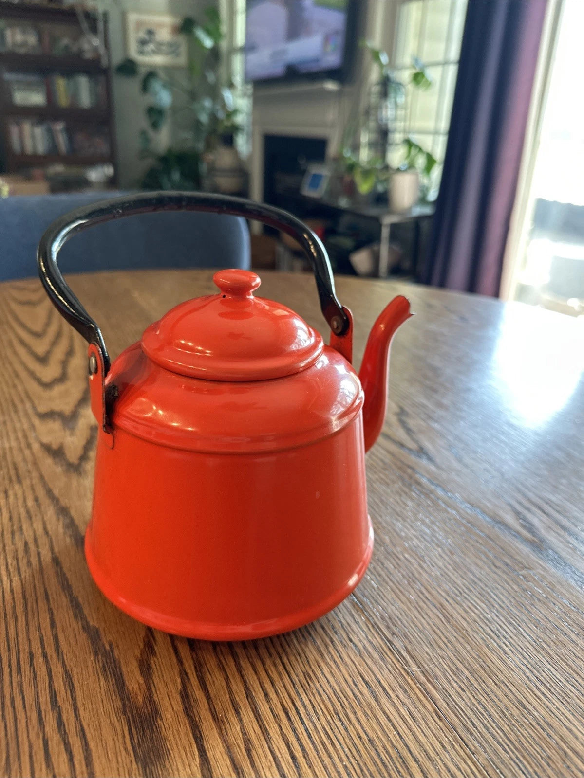 Red Enamel Tea Pot Mid Century Black Enamel Handle Vintage | eBay