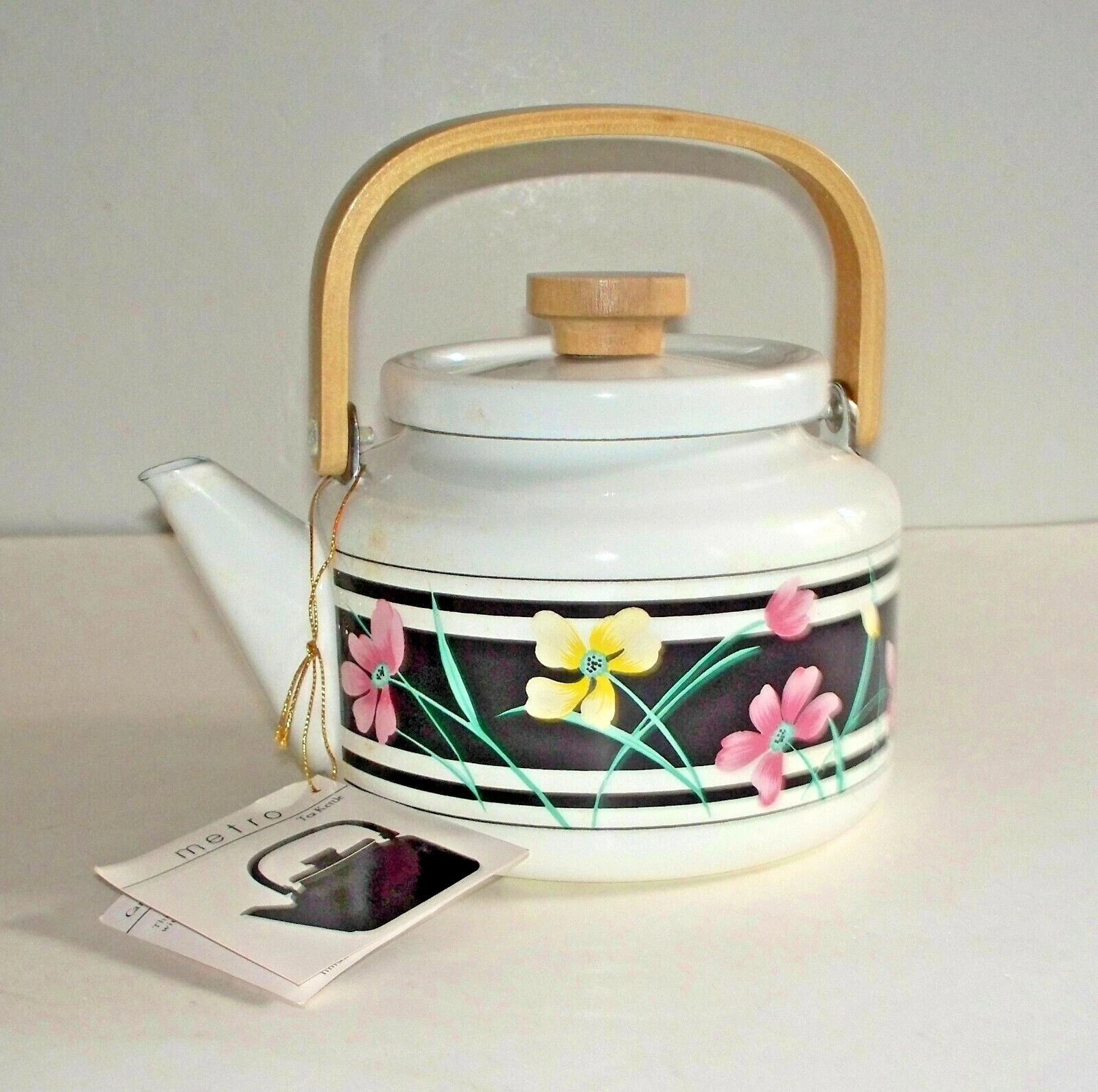 NIB TEAPOT 2.5 QT. PORCELAIN ENAMEL TEA KETTLE WOOD HANDLE White Multi | eBay