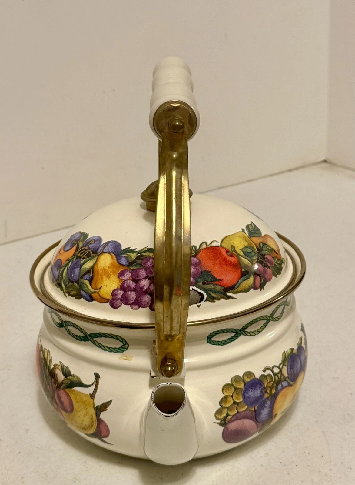 Lincoware Enamel Orchard Royal 8 CUP Teapot Kettle w/handle and brass top | eBay