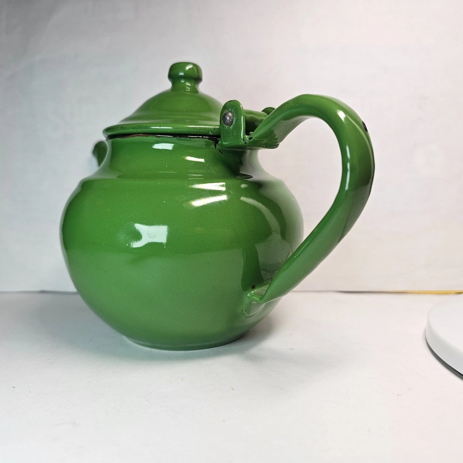 SMALL GREEN ENAMEL TEAPOT PITCHER POT PORCELAIN METAL w/ LID WHITE BLACK ANTIQUE | eBay