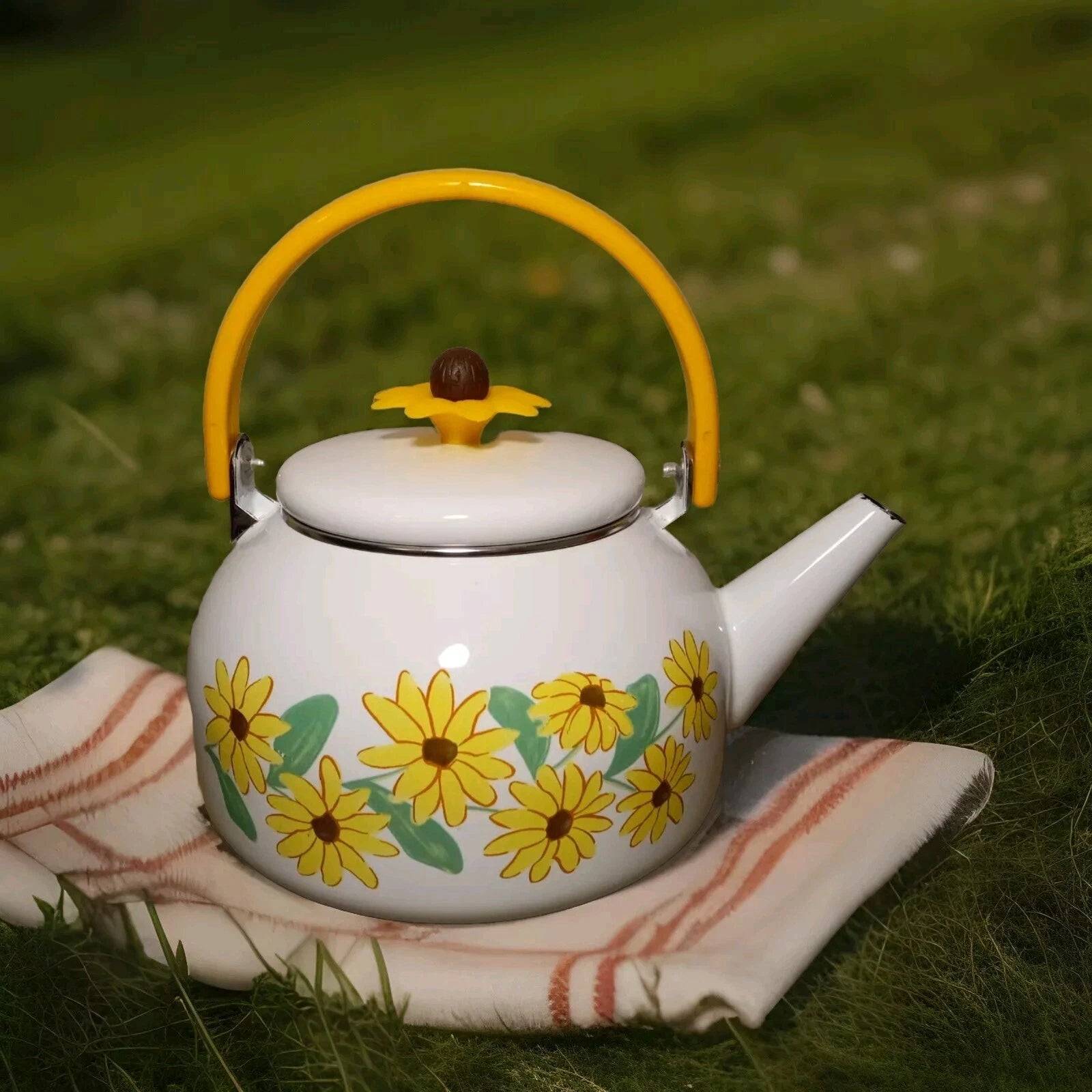 Vintage Enamel Tea Kettle With Yellow Flower Design Floral Tea Pot | eBay