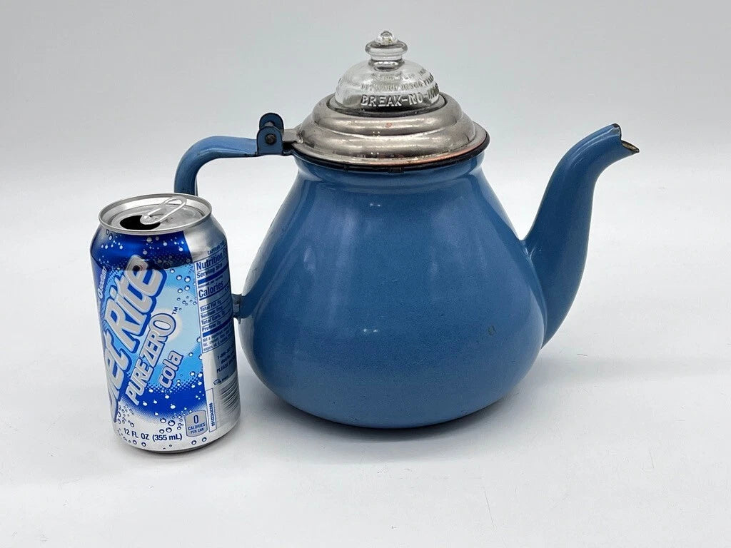 Vintage Antique Blue Enamel Ware Teapot with BREAK NO MORE Glass Lid Tea Kettle | eBay