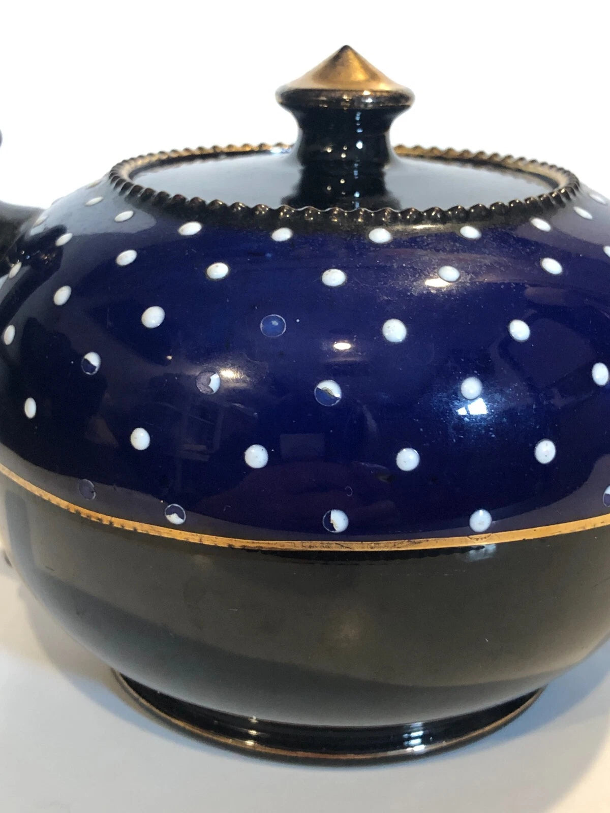 Vintage Teapot Cobalt Blue, Jet Black, White Enameled Dots with Gold Accents | eBay