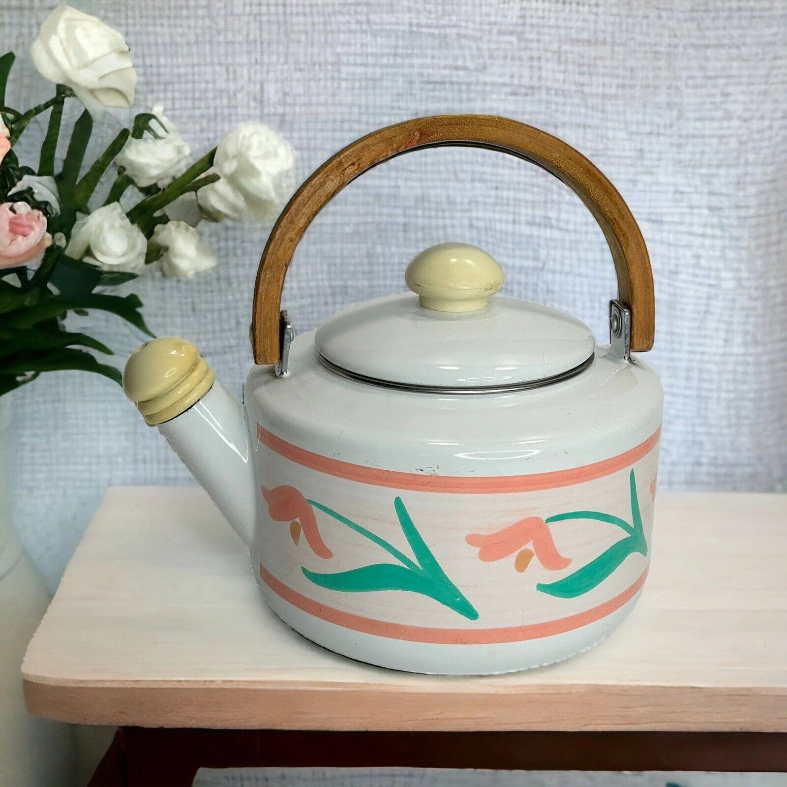 Vintage 80's or 90’s White Enamel Tea Pot Peach Flowers Kamenstein Has Wear READ | eBay