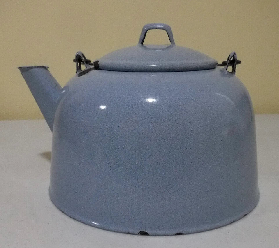 Vintage Enamel Light Blue Speckled Teapot with Wood Handle | eBay