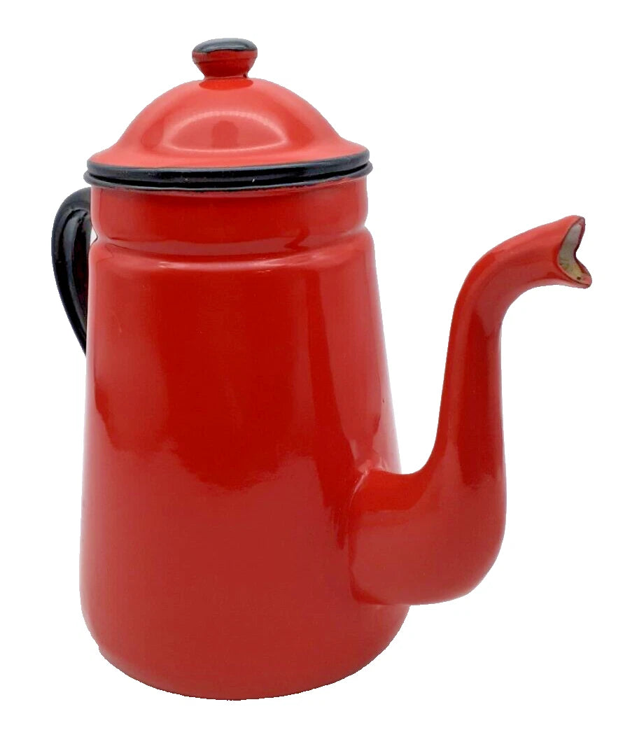 Red Enamel Teapot 9" Metal Enamelware Farmhouse Country Vintage Japan | eBay
