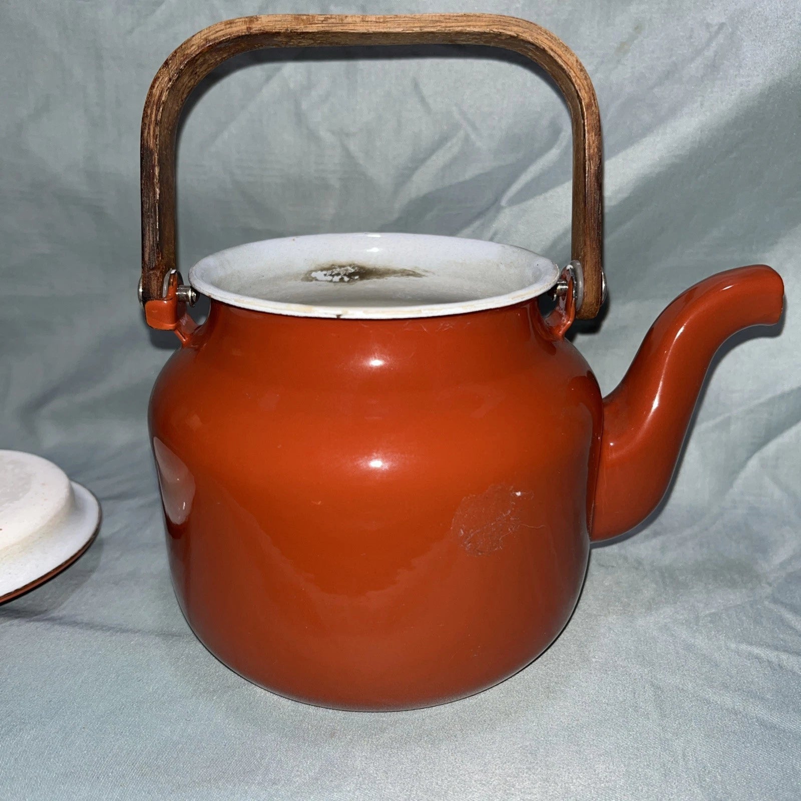 Vintage 4-Cup Enamel Tea Kettle Teapot - Red w/ Wood Handle & Lid - Retro Charm | eBay