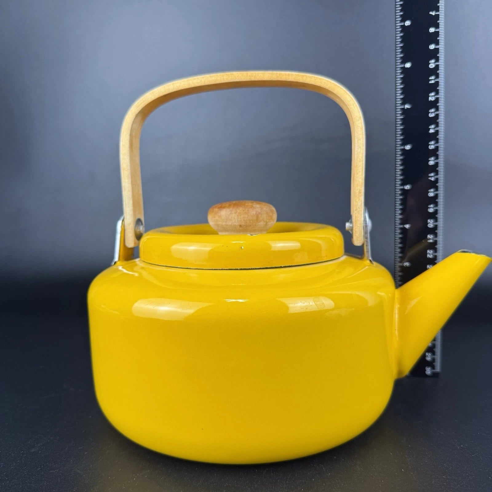 Vintage Yellow Enamel Teapot Tea Kettle MCM Wood Handle | eBay