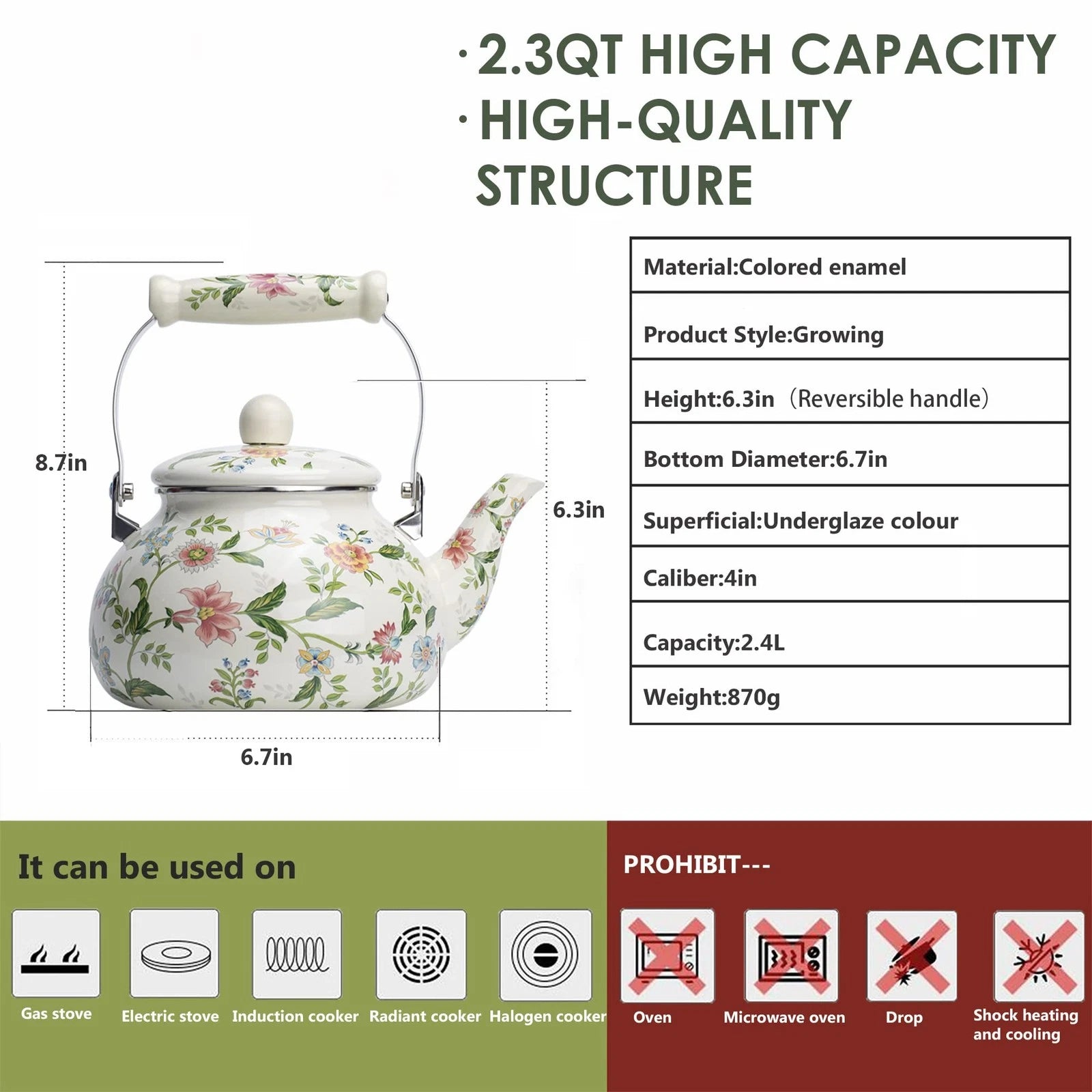 Enamel Teapot Floral Large Porcelain Enameled Teakettle Stovetop Kettle | eBay