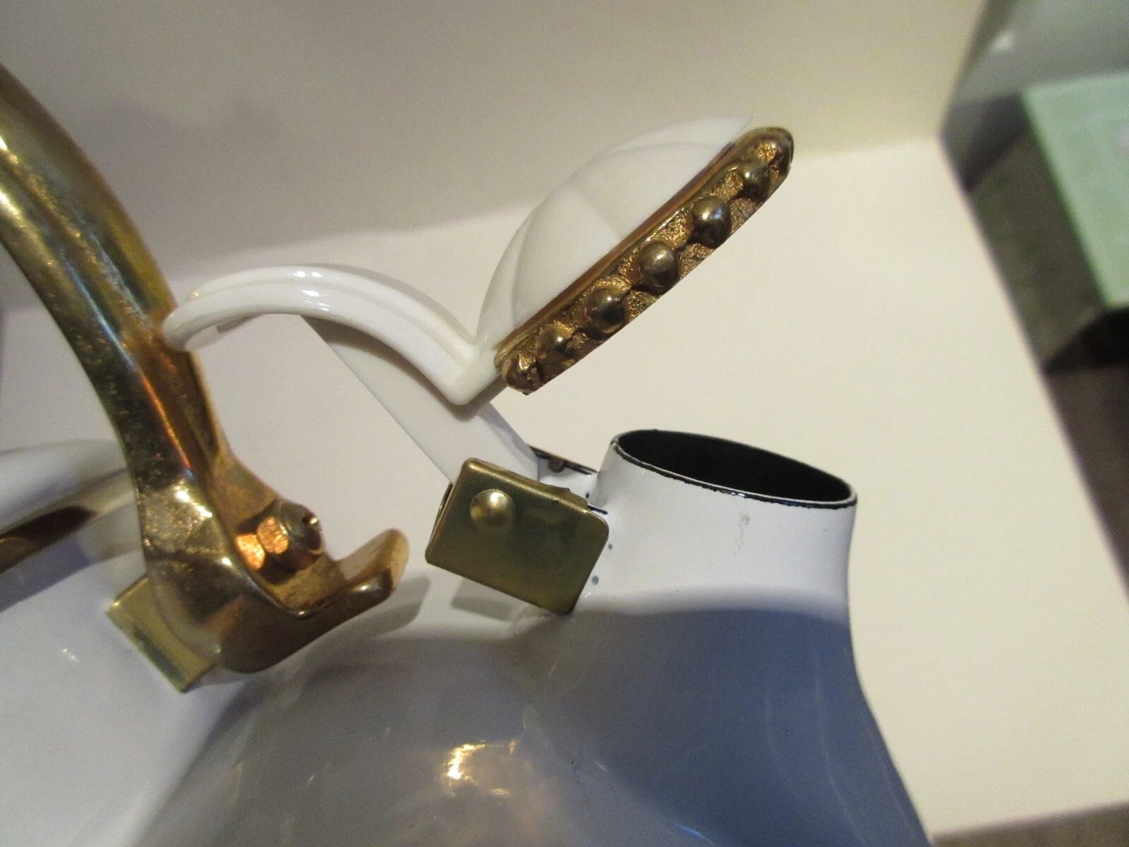 Via Ancona Teapot White Enamel and Antique Brass Finish Whistling Kettle 1998 | eBay