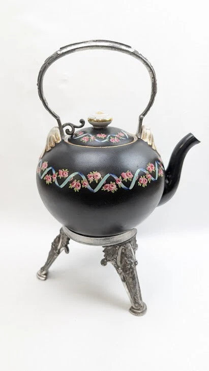 Antique Teapot Kettle on Stand Victorian Meriden Silver Plate Porcelain Enamel | eBay