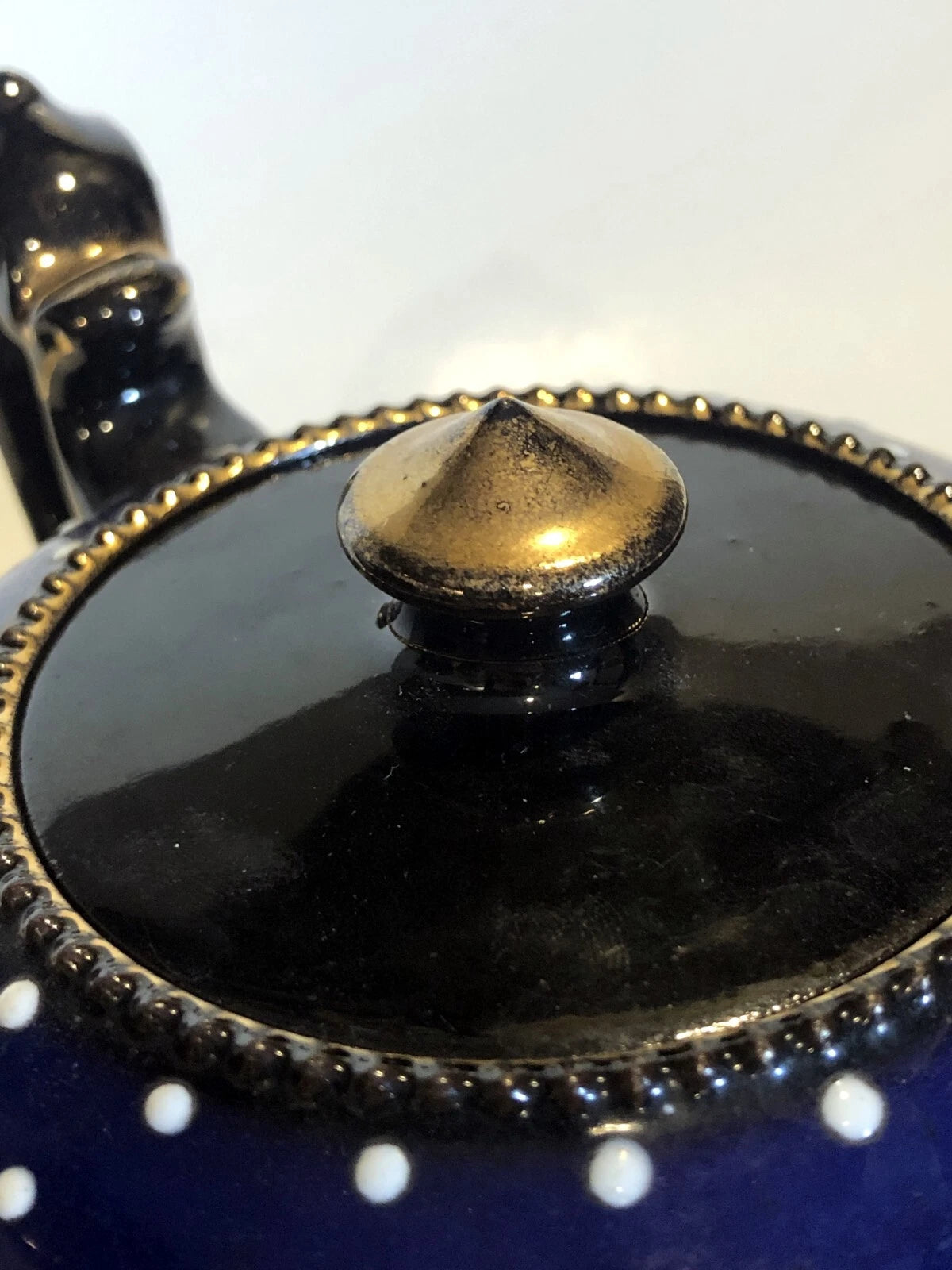 Vintage Teapot Cobalt Blue, Jet Black, White Enameled Dots with Gold Accents | eBay
