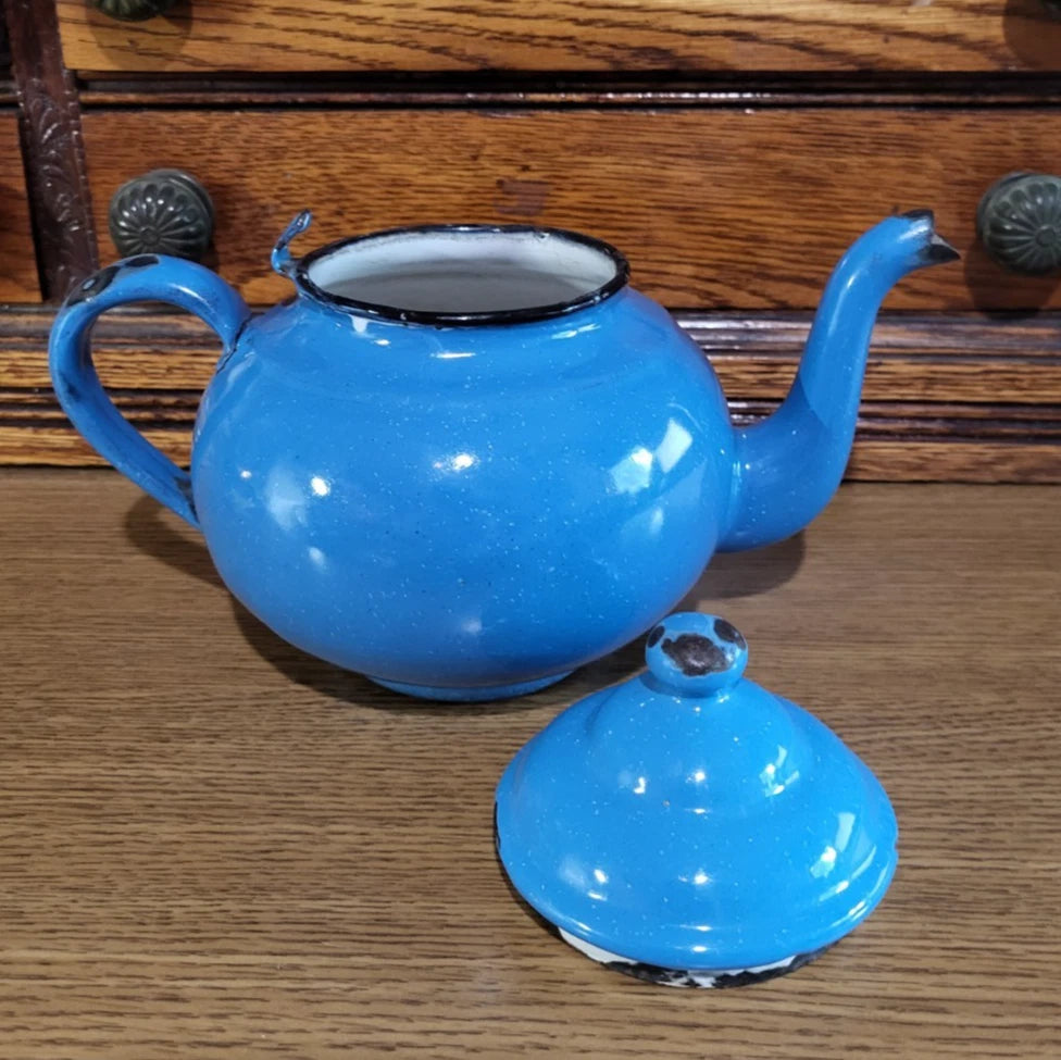 Vintage Small Gooseneck Enamelware Tea Kettle Coffee Pot Blue Teapot Collector | eBay