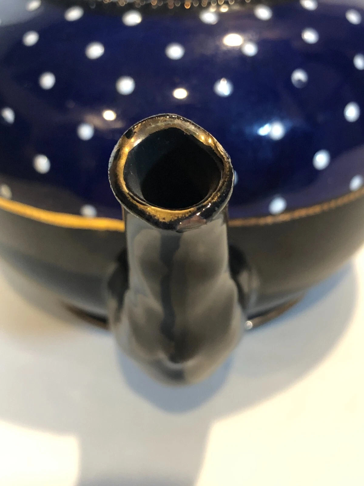 Vintage Teapot Cobalt Blue, Jet Black, White Enameled Dots with Gold Accents | eBay