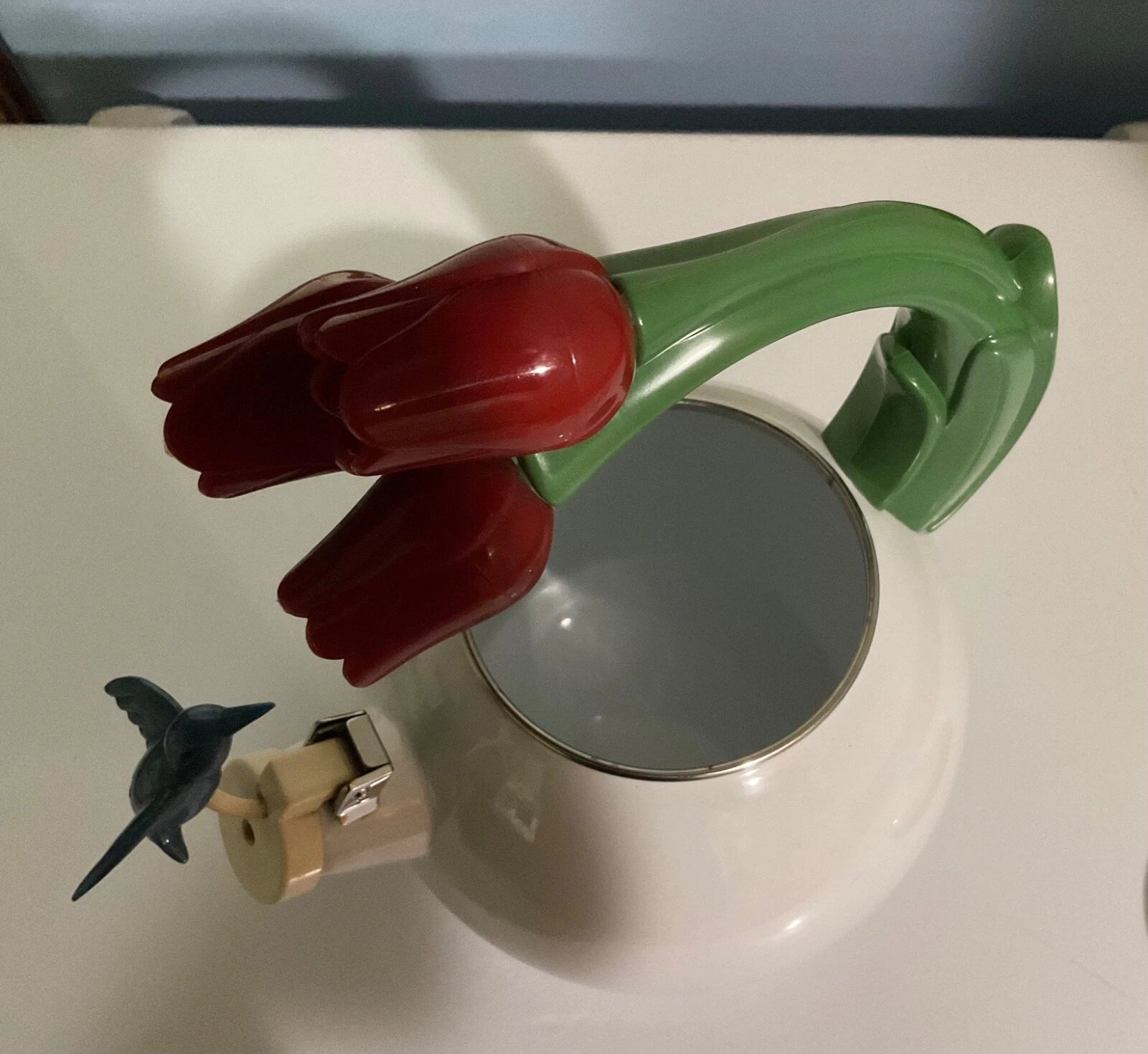 90s Ancona Hummingbird & Tulips White Enamelware Kettle Teapot. Beautiful! | eBay