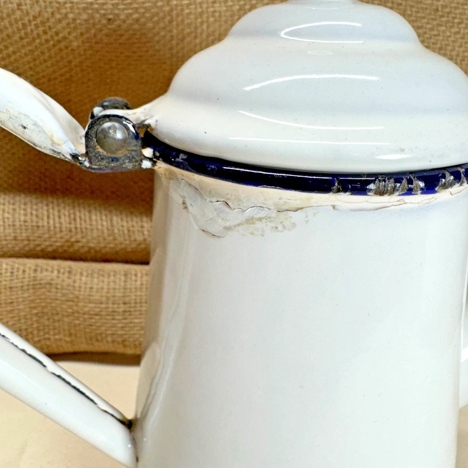 Vintage Enamel Coffee Tea Pot w Goose Neck Spout White w Blue Rim | eBay