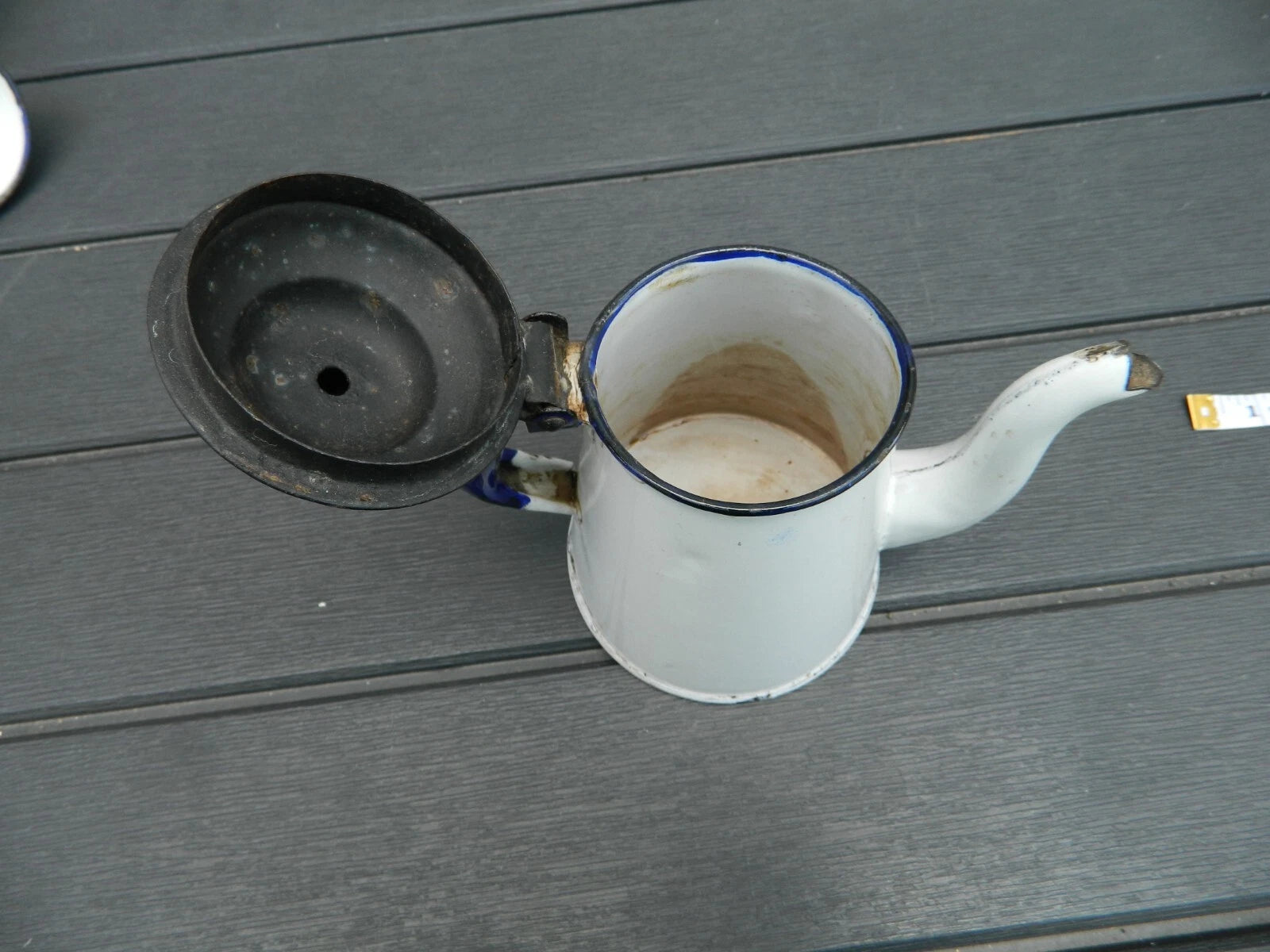 Primitive White Enamelware teapot with black top blue handle 3" diameter | eBay