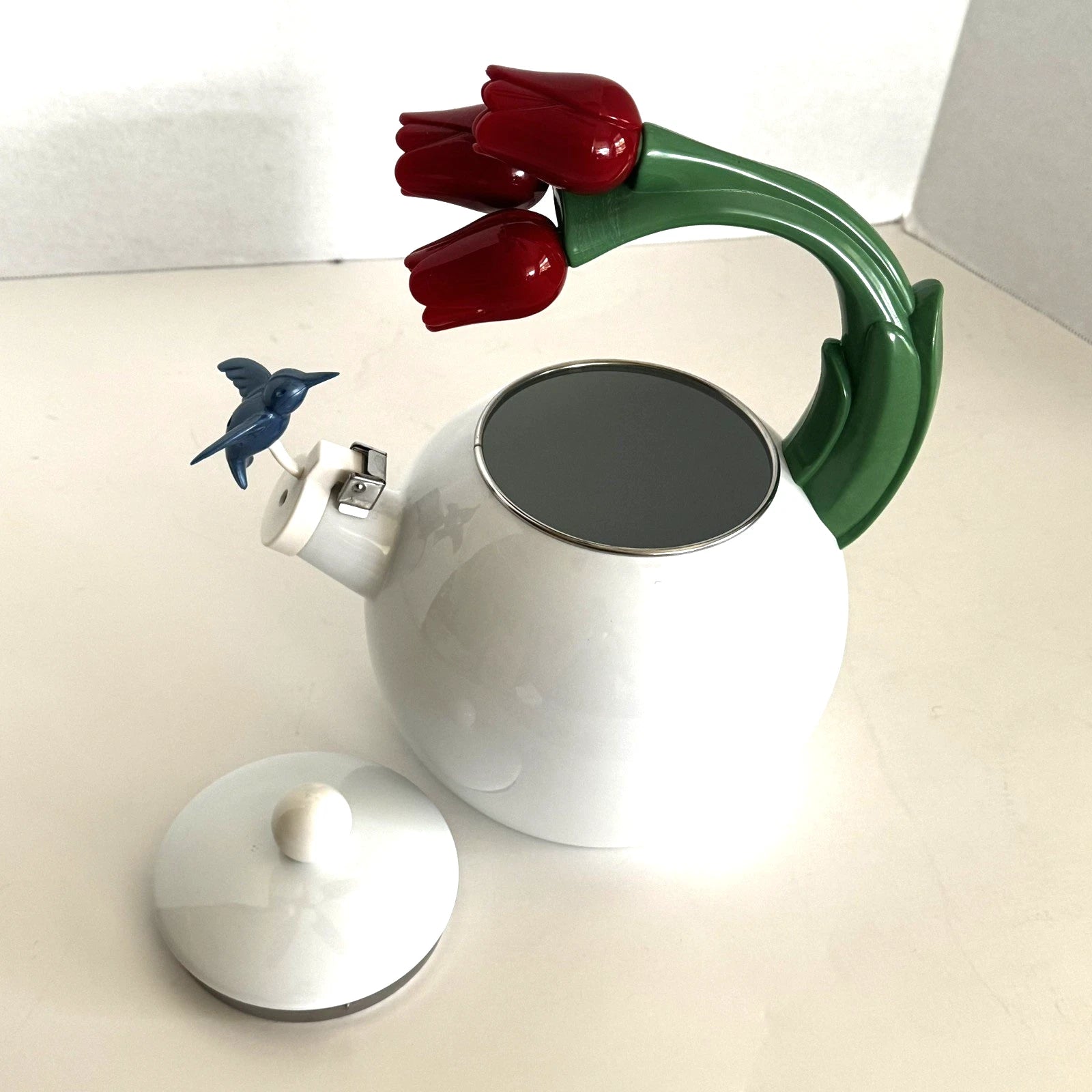 Ancona Kettle Hummingbird Tulips Enamel Teapot Red White Blue Green VTG 1990s | eBay