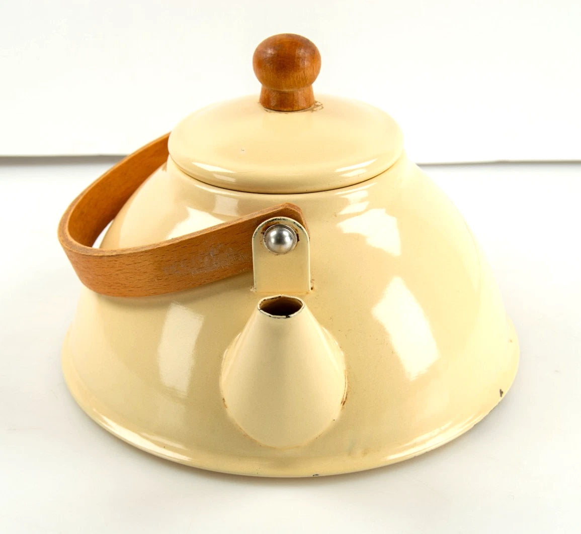 Vintage Cream Enamel Kettle Zen Teapot Wood Handle | eBay