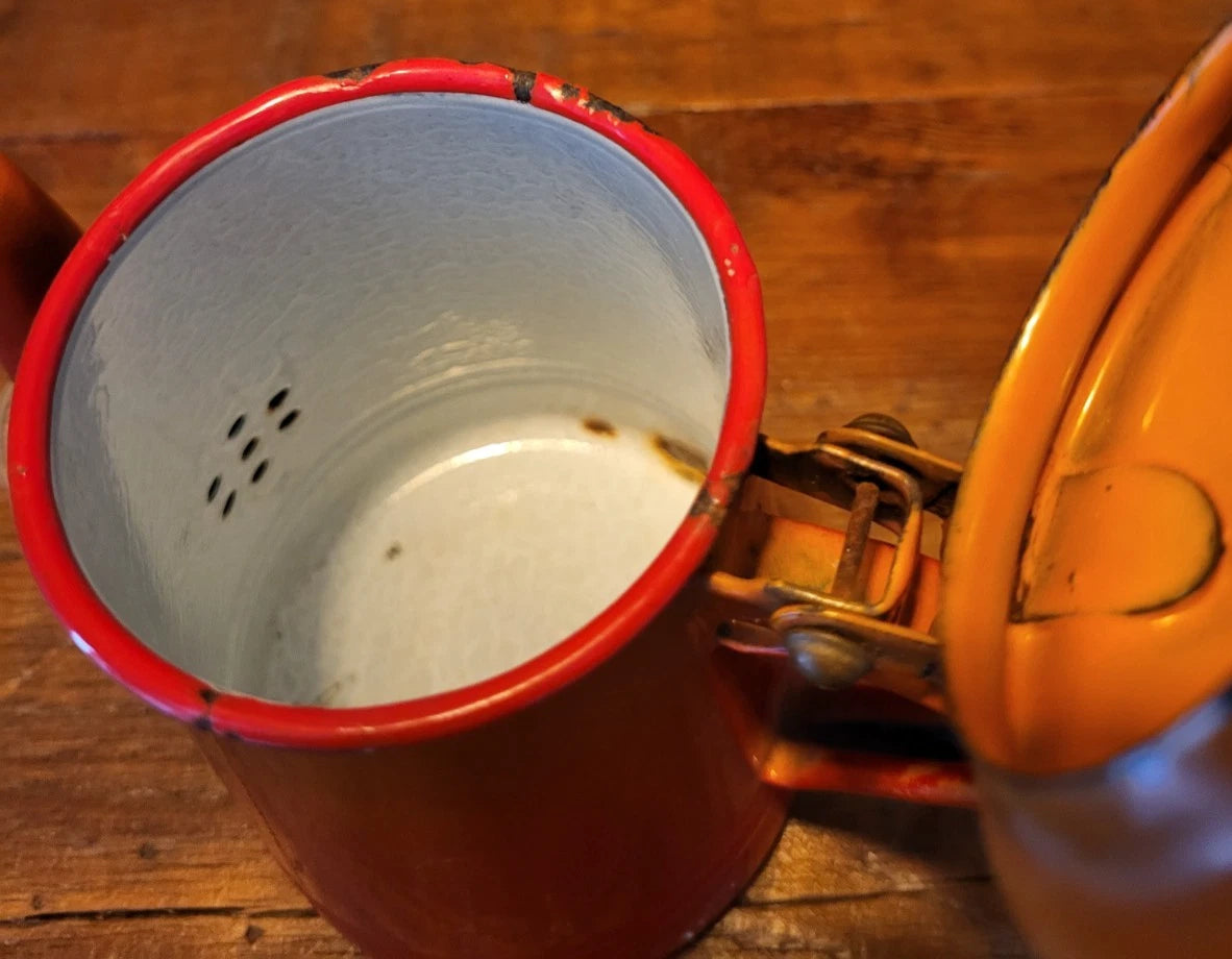 Vintage Enamel Tea Coffee Pot Orange Red Enamelware Hinged Lid Bassano Italy | eBay
