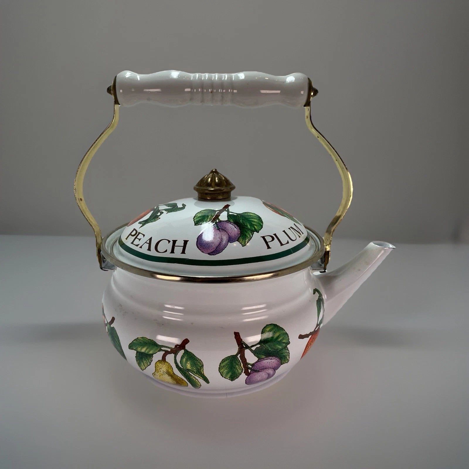 Vintage Enamel Fruit Decorated Tea Kettle (Plum/Apple/Peach/Pear) | eBay