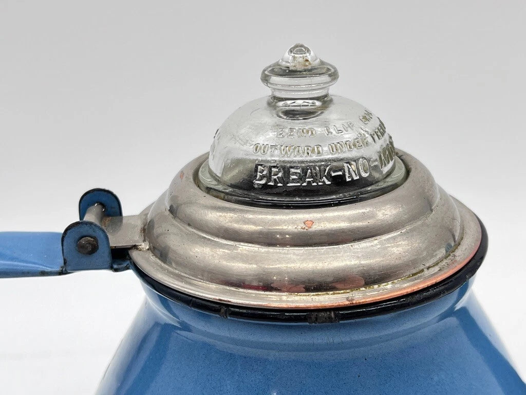 Vintage Antique Blue Enamel Ware Teapot with BREAK NO MORE Glass Lid Tea Kettle | eBay