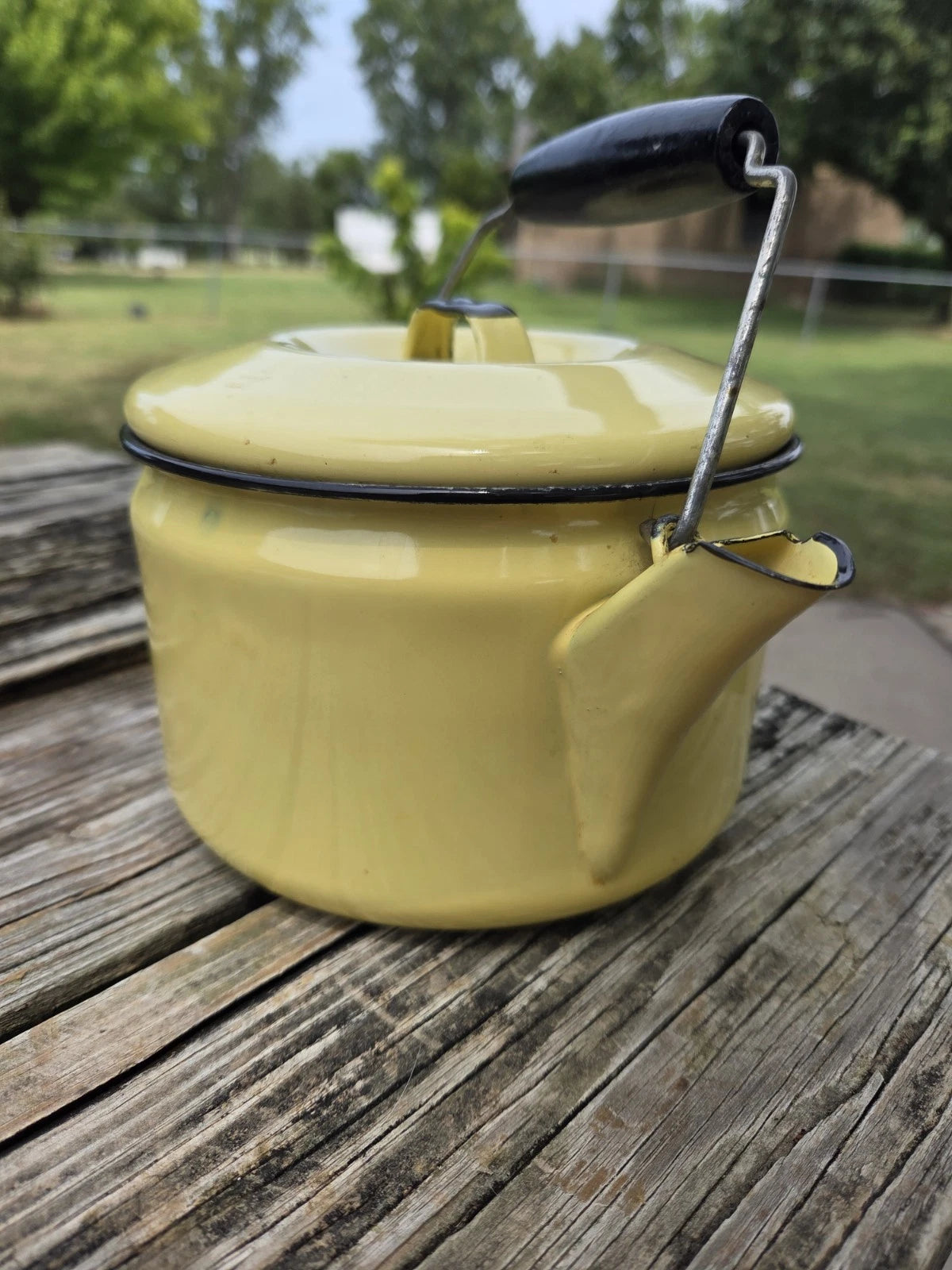Vintage yellow enamel teapot With Lid Enamelware Bail Handle | eBay